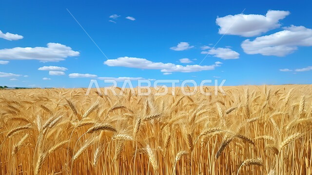 الحقول والأراضي الزراعية، صورة مقربة لسنابل القمح ذهبية اللون وقت النهار، محاصيل ومنتجات وطنية محلية، المزارع الخصبة في المملكة العربية السعودية