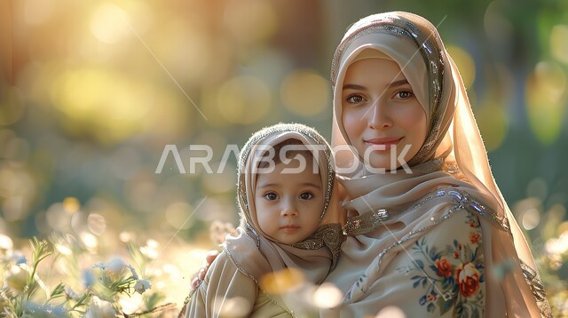 الاستمتاع برحلة في الهواء الطلق، الشعور بالحب والأمان، صورة مقربة لأم عربية خليجية سعودية محجبة تحمل إبنتها تقف بالحديقة  تنظر الى الكاميرا بإيماءات السرور، مفهوم الأمومة والطفولة، الأسرة وتحمل المسؤولية