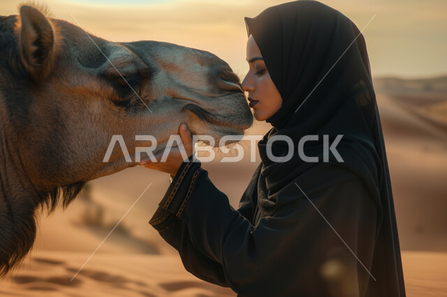 أهمية رعاية الإبل في المملكة، تربية المواشي في المحميات الطبيعية, صورة مقربة لسيدة عربية خليجية سعودية محجبة ترتدي العباءة التقليدية تقوم بمداعبة حيوان الجمل في الصحراء, استخدام الحيوانات للتنقل في البادية من مكان لآخر
