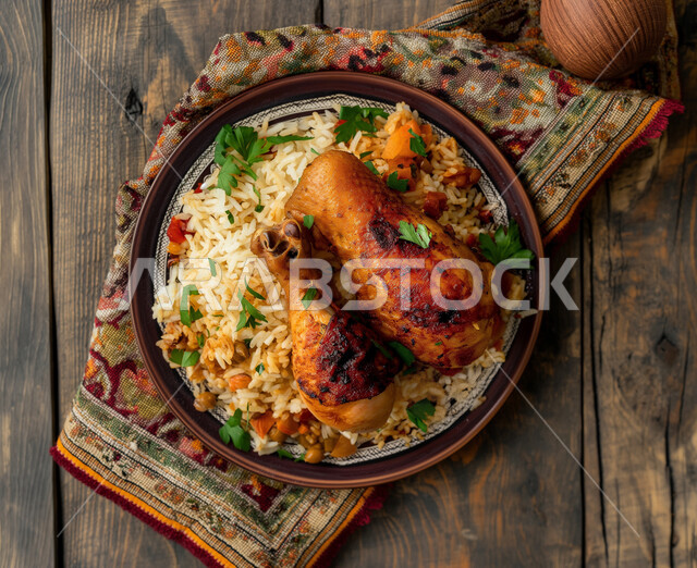 A dish of kabsa rice with fried chicken decorated with parsley, oriental Arab dishes, famous Gulf recipe restaurants, the art of serving popular food in the Kingdom of Saudi Arabia, delicious foods and foods
