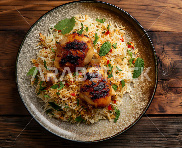 طبق من أرز الكبسة بالدجاج المحمر المزين بالبقدونس, أطباق شرقية عربية, مطاعم الوصفات الخليجية المشهورة, فن تقديم الطعام الشعبي في المملكة العربية السعودية, مأكولات وأطعمة شهية