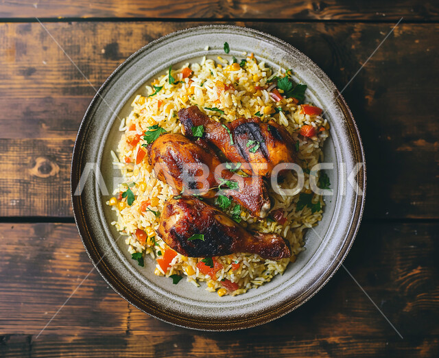 A dish of kabsa rice with fried chicken decorated with parsley, oriental Arab dishes, famous Gulf recipe restaurants, the art of serving popular food in the Kingdom of Saudi Arabia, delicious foods and foods
