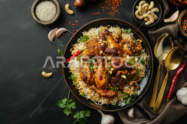 طبق من أرز الكبسة بالدجاج المحمر المزين بالبقدونس, أطباق شرقية عربية, مطاعم الوصفات الخليجية المشهورة, فن تقديم الطعام الشعبي في المملكة العربية السعودية, التوابل والثوم والمنكهات، مأكولات وأطعمة شهية