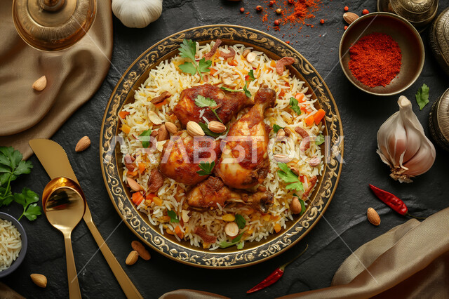 A dish of kabsa rice with fried chicken decorated with parsley, oriental Arab dishes, famous Gulf recipe restaurants, the art of serving popular food in the Kingdom of Saudi Arabia, spices, garlic and flavorings, delicious foods and foods