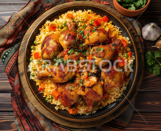 A dish of kabsa rice with fried chicken decorated with parsley, oriental Arab dishes, famous Gulf recipe restaurants, the art of serving popular food in the Kingdom of Saudi Arabia, spices, garlic and flavorings, delicious foods and foods