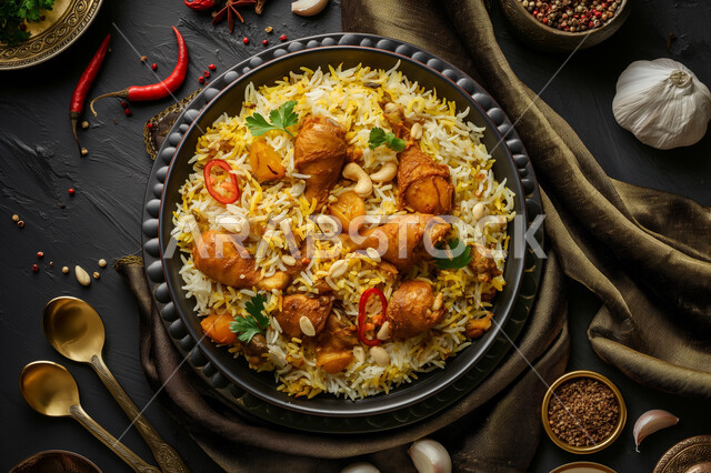 طبق من أرز الكبسة بالدجاج المحمر المزين بالبقدونس, أطباق شرقية عربية, مطاعم الوصفات الخليجية المشهورة, فن تقديم الطعام الشعبي في المملكة العربية السعودية, التوابل والثوم والمنكهات، مأكولات وأطعمة شهية