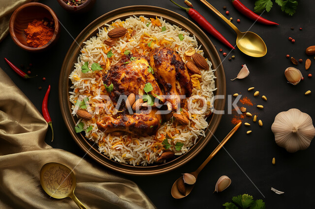 طبق من أرز الكبسة بالدجاج المحمر المزين بالبقدونس, أطباق شرقية عربية, مطاعم الوصفات الخليجية المشهورة, فن تقديم الطعام الشعبي في المملكة العربية السعودية, التوابل والثوم والمنكهات، مأكولات وأطعمة شهية