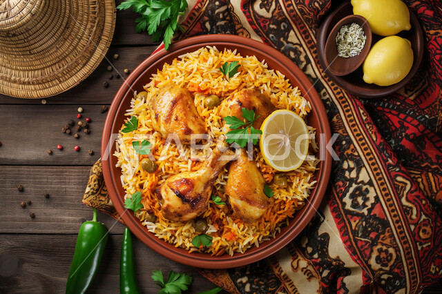 أطباق شرقية عربية, طبق من أرز الكبسة بالدجاج المحمر المزين بالبقدونس وشارئح الليمون, مطاعم الوصفات الخليجية المشهورة, فن تقديم الطعام الشعبي في المملكة العربية السعودية, مأكولات وأطعمة شهية