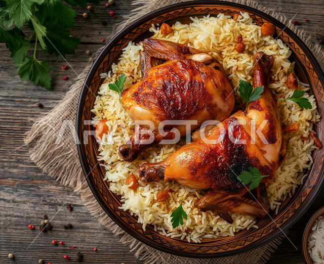 أطباق شرقية عربية, طبق من أرز الكبسة بالدجاج المحمر المزين بالبقدونس, مطاعم الوصفات الخليجية المشهورة, فن تقديم الطعام الشعبي في المملكة العربية السعودية, مأكولات وأطعمة شهية