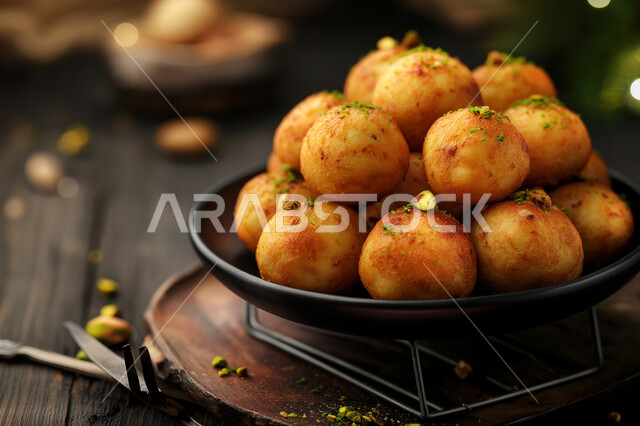 طبق اللقيمات ذهبية اللون، حلا الزلابيات الشرقي، كرات العجين المقلية الصغيرة، الحلوى الشهية المتميزة، وصفات وأطباق الحلويات والسكريات، ضيافة المناسبات والأعياد في المملكة العربية السعودية