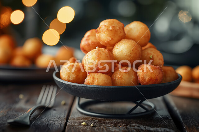 طبق اللقيمات ذهبية اللون، حلا الزلابيات الشرقي، كرات العجين المقلية الصغيرة، الحلوى الشهية المتميزة، وصفات وأطباق الحلويات والسكريات، ضيافة المناسبات والأعياد في المملكة العربية السعودية