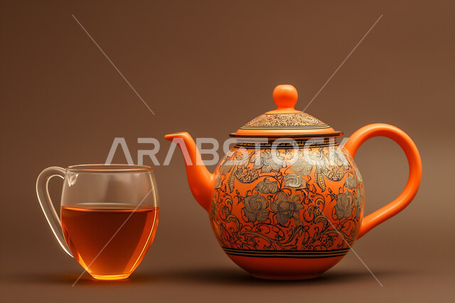 فنون تقديم المشروبات الساخنة، صورة مقربة لإبريق شاي مزخرف اصفر اللون مع كوب من الشاي، الضيافة المتميزة في المملكة العربية السعودية، خلفية ملونة