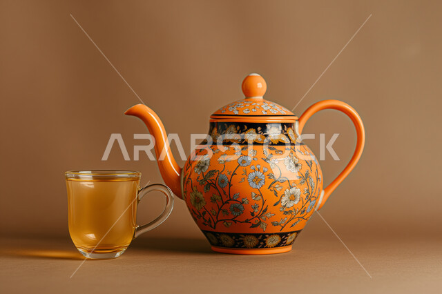 فنون تقديم المشروبات الساخنة، صورة مقربة لإبريق شاي مزخرف اصفر اللون مع كوب من الشاي، الضيافة المتميزة في المملكة العربية السعودية، خلفية ملونة