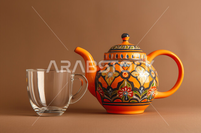 فنون تقديم المشروبات الساخنة، صورة مقربة لإبريق شاي مزخرف اصفر اللون مع كوب من الشاي، الضيافة المتميزة في المملكة العربية السعودية، خلفية ملونة
