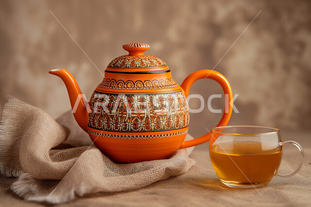 فنون تقديم المشروبات الساخنة، صورة مقربة لإبريق شاي مزخرف مع كوب من الشاي، الضيافة المتميزة في المملكة العربية السعودية، خلفية ملونة