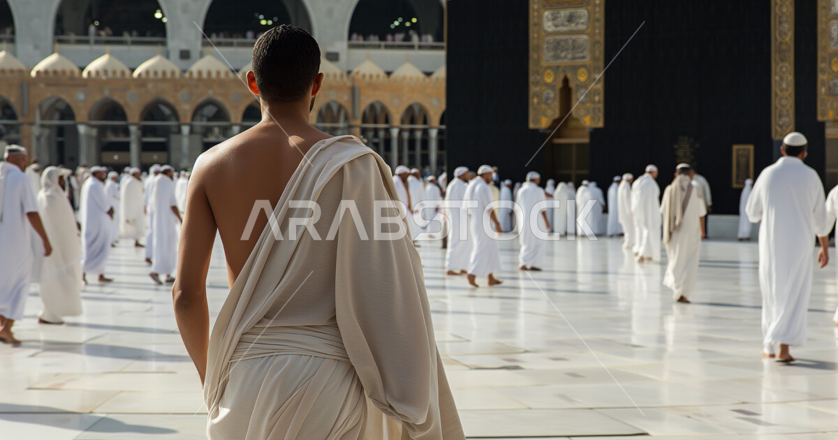 Umrah Rituals Visual Performing Hajj and Umrah rituals, a close-up photo of a young Saudi ...