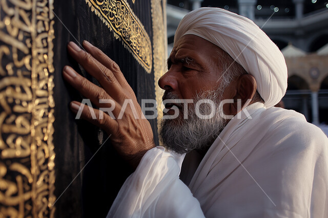 أداء مناسك الحج والعمرة، صورة مقربة لرجل مسن عربي سعودي خليجي يرتدي ملابس الاحرام يقوم بلمس الكعبة، العبادة والتقرب الى الله، أماكن دينية اسلامية مقدسة في المملكة العربية السعودية