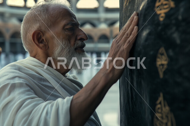 أداء مناسك الحج والعمرة، صورة مقربة لرجل مسن عربي سعودي خليجي يرتدي ملابس الاحرام يقوم بلمس الكعبة، العبادة والتقرب الى الله، أماكن دينية اسلامية مقدسة في المملكة العربية السعودية