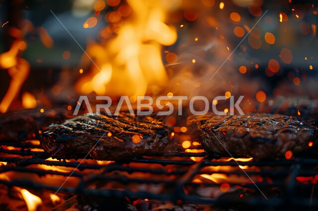 وصفات اللحوم المشوية بنكهات متنوعة، مطاعم للمأكولات العربية الشرقية, صورة مقربة للحوم والكفتة على أسياخ الشواء فوق النار، أطعمة وأغذية صحية, وجبات لحم شهية ساخنة