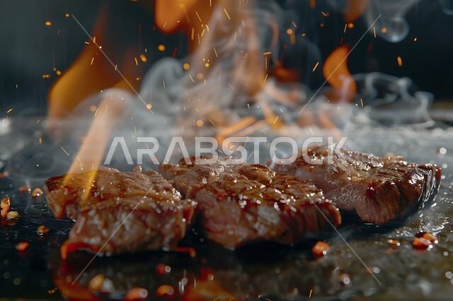 وصفات اللحوم المشوية بنكهات متنوعة، مطاعم للمأكولات العربية الشرقية, صورة مقربة للحوم والكفتة على أسياخ الشواء فوق النار، أطعمة وأغذية صحية, وجبات لحم شهية ساخنة