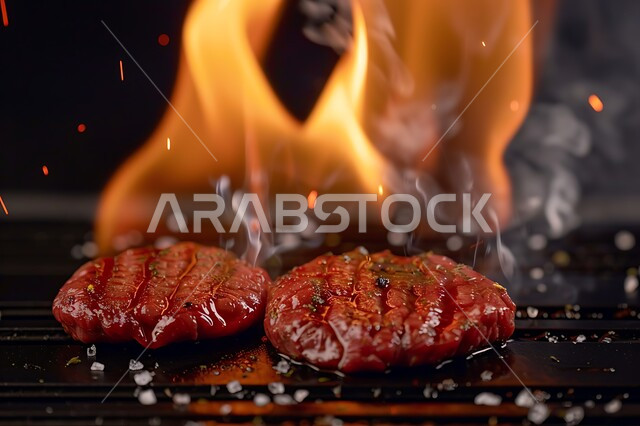 وصفات اللحوم المشوية بنكهات متنوعة، مطاعم للمأكولات العربية الشرقية, صورة مقربة للحوم والكفتة على أسياخ الشواء فوق النار، أطعمة وأغذية صحية, وجبات لحم شهية ساخنة