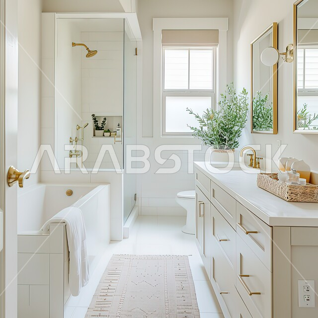 حمام فاخر في أحد الفنادق باللون الابيض، تصاميم وديكورات داخلية للحمامات، دورة مياه رخاميه في أحد المباني السكنيه، تصميم معماري هندسي حديث، الشقق والفلل الفاخرة