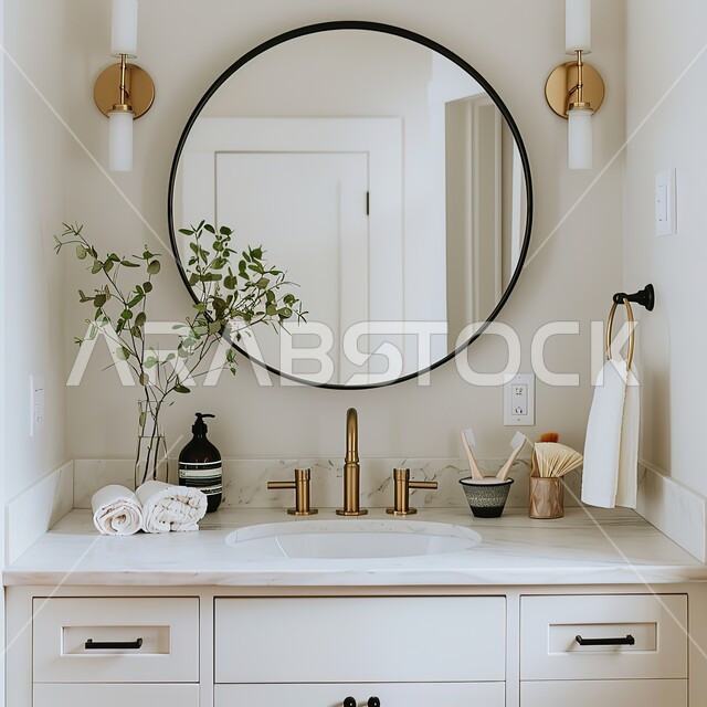 حمام فاخر في أحد الفنادق باللون الابيض، صورة مقربة لمرآة بتصاميم وديكورات داخلية، تصميم معماري هندسي حديث، الشقق والفلل الفاخرة