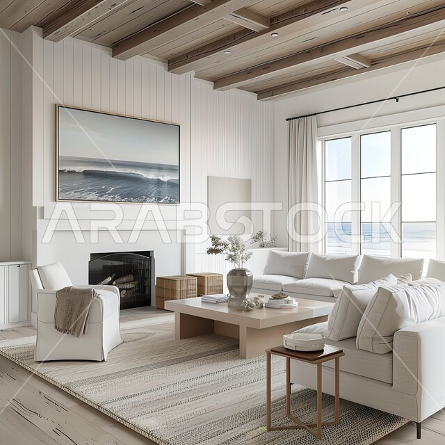 التصاميم الداخلية لغرف الجلوس على الطراز الحديث، النوافذ والواجهات الزجاجية المطلة على الطبيعة، غرفة معيشة مع أثاث منزلي فاخر باللون الابيض، ديكور داخلي راقي للفلل والشقق السكنية في المملكة العربية السعودية