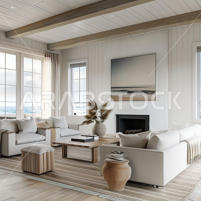 التصاميم الداخلية لغرف الجلوس على الطراز الحديث، النوافذ والواجهات الزجاجية المطلة على الطبيعة، غرفة معيشة مع أثاث منزلي فاخر باللون الابيض، ديكور داخلي راقي للفلل والشقق السكنية في المملكة العربية السعودية