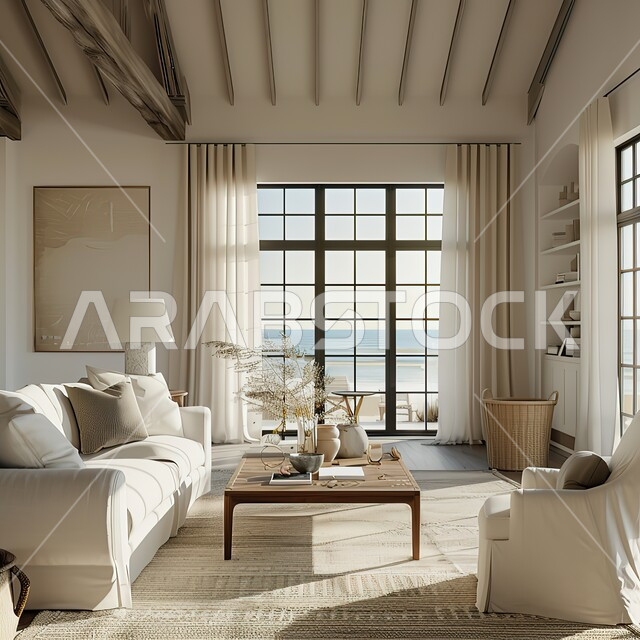 التصاميم الداخلية لغرف الجلوس على الطراز الحديث، النوافذ والواجهات الزجاجية المطلة على الطبيعة، غرفة معيشة مع أثاث منزلي فاخر باللون الابيض، ديكور داخلي راقي للفلل والشقق السكنية في المملكة العربية السعودية