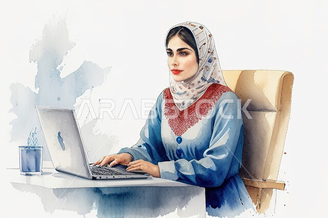 Women's office professions and jobs, completing daily tasks, business management and organization, illustrations of a smiling, veiled Saudi Arabian Gulf woman using a laptop, comfortable work environment in Saudi companies, achieving goals and strategies, white background