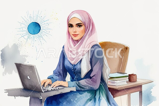 مهن ووظائف مكتبية نسائية, إنجاز المهام اليومية, إدارة وتنظيم الأعمال, رسوم توضيحية لامرأة عربية خليجية سعودية مبتسمة محجبة تستخدم جهاز الحاسوب المحمول, بيئة العمل المريحة في الشركات السعودية، تحقيق الاهداف والاستراتيجيات، خلفية بيضاء