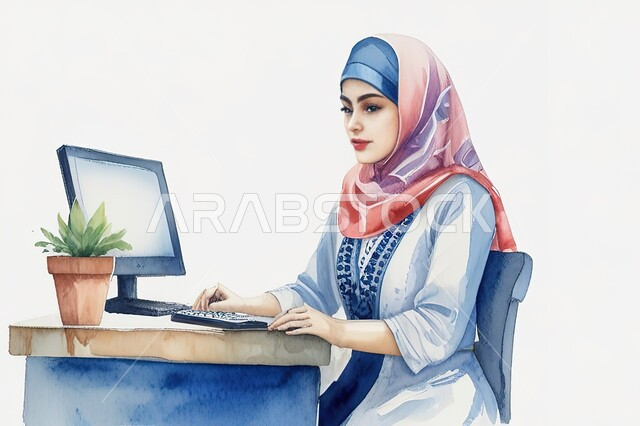 مهن ووظائف مكتبية نسائية, إنجاز المهام اليومية, إدارة وتنظيم الأعمال, رسوم توضيحية لامرأة عربية خليجية سعودية مبتسمة محجبة تستخدم جهاز الحاسوب المحمول, بيئة العمل المريحة في الشركات السعودية، تحقيق الاهداف والاستراتيجيات، خلفية بيضاء