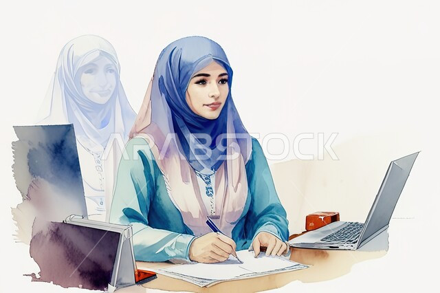 مهن ووظائف مكتبية نسائية, إنجاز المهام اليومية, إدارة وتنظيم الأعمال, رسوم توضيحية لامرأة عربية خليجية سعودية مبتسمة محجبة تستخدم جهاز الحاسوب المحمول, بيئة العمل المريحة في الشركات السعودية، تحقيق الاهداف والاستراتيجيات، خلفية بيضاء