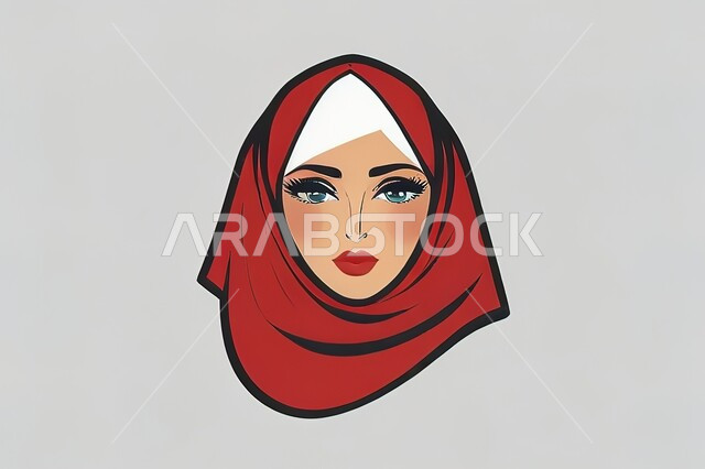 Attention to elegance and external appearance, illustrations of a smiling, veiled Saudi Gulf Arab woman looking at the camera with gestures of pleasure, white background