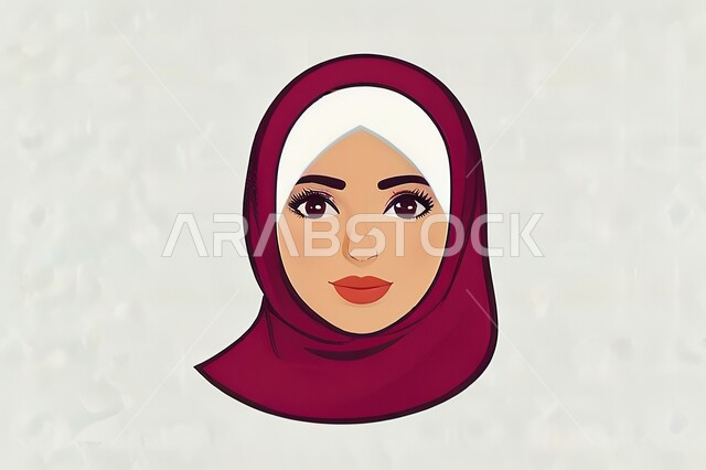 الاهتمام بالأناقة والمظهر الخارجي، رسوم توضيحية لامرأة عربية خليجية سعودية مبتسمة محجبة تنظر الى الكاميرا بإيماءات السرور, خلفية بيضاء
