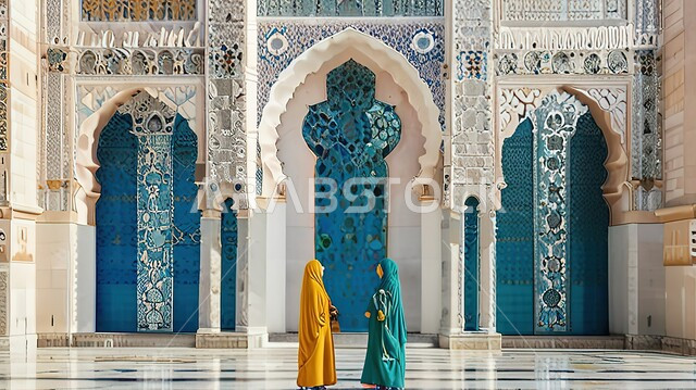 العبادة والتقرب الى الله ، صورة من الخلف لسيدتان عربيتان محجبتان تدخلان الى جامع الشيخ زايد بن سلطان آل نهيان في أبوظبي بدولة الإمارات العربية المتحدة، الفن الهندسي المعماري على الطراز الاسلامي