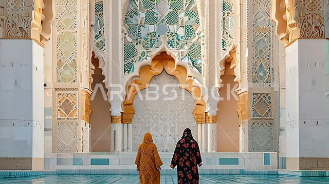 العبادة والتقرب الى الله ، صورة من الخلف لسيدتان عربيتان محجبتان تدخلان الى جامع الشيخ زايد بن سلطان آل نهيان في أبوظبي بدولة الإمارات العربية المتحدة، الفن الهندسي المعماري على الطراز الاسلامي