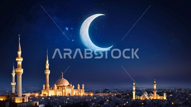 تصميم ثلاثي الابعاد لقبب ومآذن المسجد ليلا، العباده والتقرب الى الله ونداء الملسملين للصلاه في المساجد، خلفيات وديكورات رمضانيه، الفن الهندسي المعماري على الطراز الاسلامي