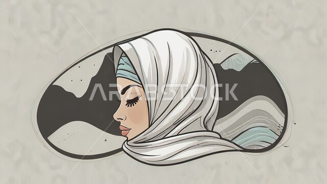 Concern with elegance and external appearance, three-dimensional pencil illustrations of a veiled Saudi Arabian Gulf woman, gray background