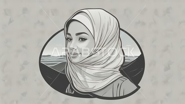 Concern with elegance and external appearance, three-dimensional pencil illustrations of a veiled Saudi Arabian Gulf woman, gray background