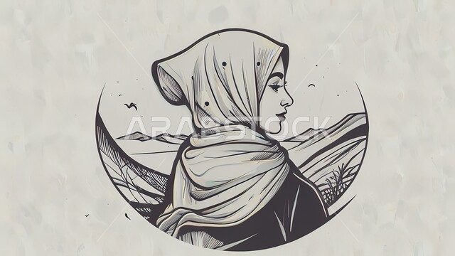 Concern with elegance and external appearance, three-dimensional pencil illustrations of a veiled Saudi Arabian Gulf woman, gray background