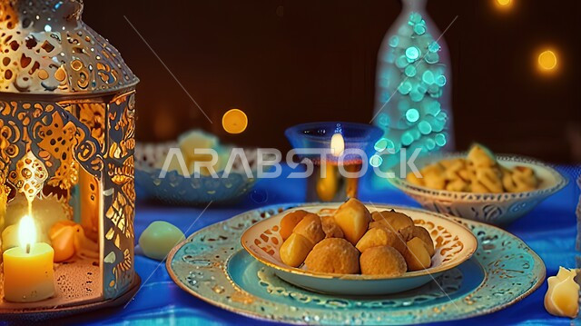 اعداد مائدة احتفالية بالأعياد والمناسبات الدينية، سفرة مليئة بأصناف من المأكولات العربية السعودية اللذيذة ، الاجواء الروحانية في شهر رمضان المبارك، الشموع والفوانيس المضيئة