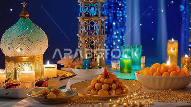 اعداد مائدة احتفالية بالأعياد والمناسبات الدينية، سفرة مليئة بأصناف من المأكولات العربية السعودية اللذيذة ، الاجواء الروحانية في شهر رمضان المبارك، الشموع والفوانيس المضيئة