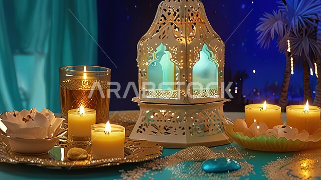 اعداد مائدة احتفالية بالأعياد والمناسبات الدينية، سفرة مليئة بأصناف من المأكولات العربية السعودية اللذيذة ، الاجواء الروحانية في شهر رمضان المبارك، الشموع والفوانيس المضيئة