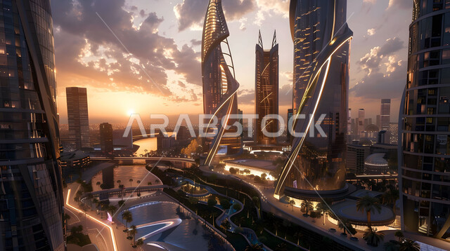 Architectural engineering art of residential and commercial buildings and facilities illuminated at sunrise, urban progress and expansion in the United Arab Emirates, an aerial photo of the towers and skyscrapers in the city of Dubai, future vision 2030