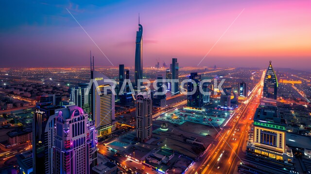 التقدم والتوسع العمراني في دولة الإمارات العربية المتحدة، الفن الهندسي المعماري للمباني والمنشآت السكنية والتجارية المضاءة ليلا، صورة جوية للأبراج وناطحات السحاب في مدينة دبي، حركة مرور السيارات في الشوارع والطرقات، رؤية مستقبلية 2030