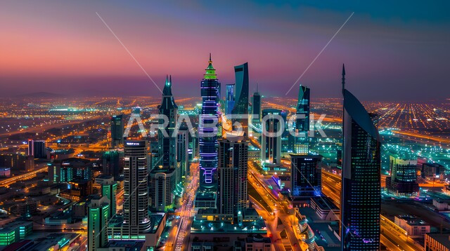 التقدم والتوسع العمراني في دولة الإمارات العربية المتحدة، الفن الهندسي المعماري للمباني والمنشآت السكنية والتجارية المضاءة ليلا، صورة جوية للأبراج وناطحات السحاب في مدينة دبي، حركة مرور السيارات في الشوارع والطرقات، رؤية مستقبلية 2030