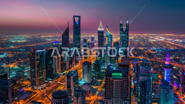 التقدم والتوسع العمراني في دولة الإمارات العربية المتحدة، الفن الهندسي المعماري للمباني والمنشآت السكنية والتجارية المضاءة ليلا، صورة جوية للأبراج وناطحات السحاب في مدينة دبي، حركة مرور السيارات في الشوارع والطرقات، رؤية مستقبلية 2030