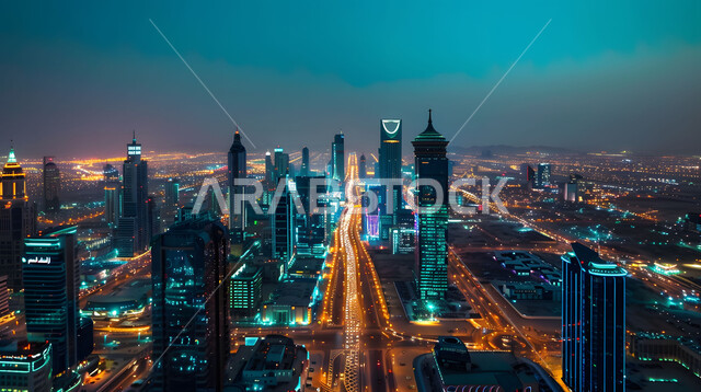 التقدم والتوسع العمراني في دولة الإمارات العربية المتحدة، الفن الهندسي المعماري للمباني والمنشآت السكنية والتجارية المضاءة ليلا، صورة جوية للأبراج وناطحات السحاب في مدينة دبي، حركة مرور السيارات في الشوارع والطرقات، رؤية مستقبلية 2030